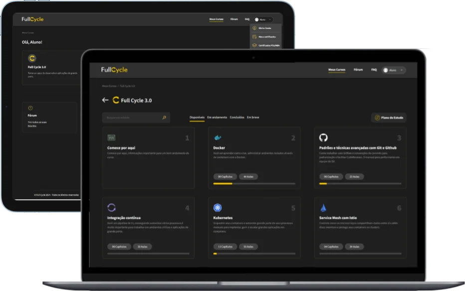 A plataforma Full Cycle aberta num notebook e num tablet